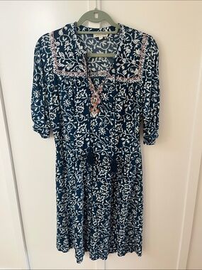 Monsoon Navy and White Floral  knee length Dress with Pink Trim M